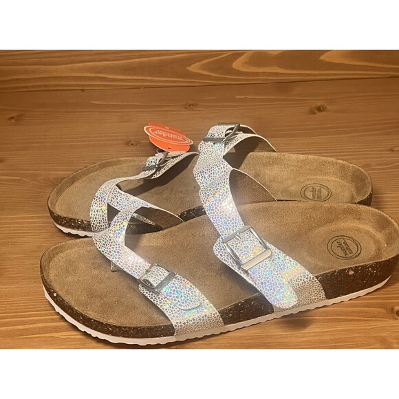 Wonder Nation Girls Silver Iridescent Footbed Thong Sandal 6 - Picture 11 of 12